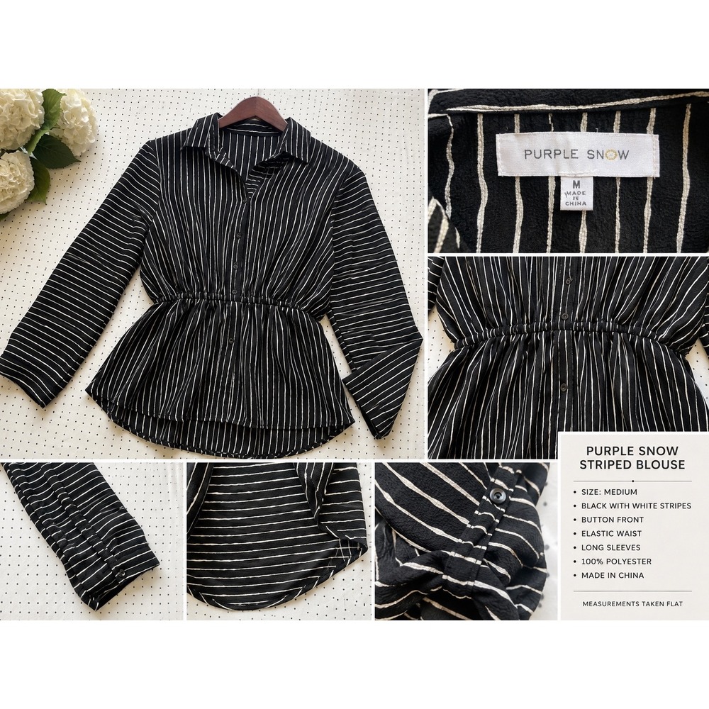 Purple Snow Striped Blouse Black White Long Sleeve Elastic Waist Peplum Top M